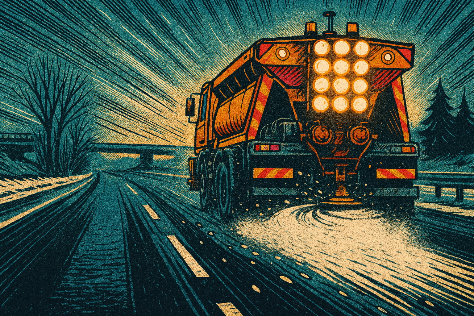 Salt spreader truck treating winter road